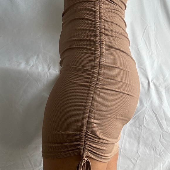 Light Brown Ruched High Neck Bodycon Adjustable Mini Dress - Picture 3 of 3